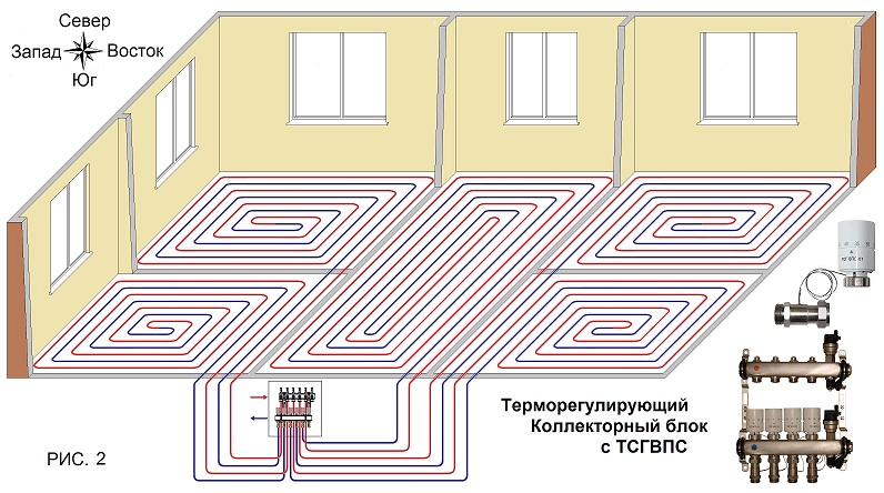 Схема тёплого пола с термоголовками